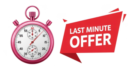 Last minute offer with pink stopwatch isolated on transparent background