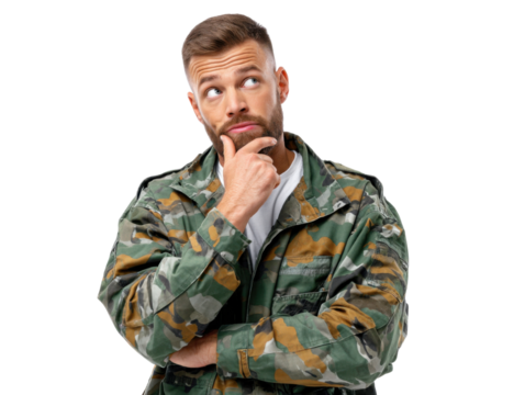 Thoughtful Reflection in Camouflage: A man in camouflage gear, lost in thought, gazes upwards, his hand touching his chin, conveying deep contemplation and strategic thinking.