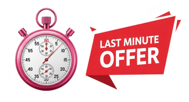 Last minute offer with pink stopwatch isolated on transparent background