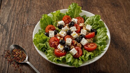 Mediterranean salad drizzled with olive oil and a spice-adorned spoon on a rustic wooden surface