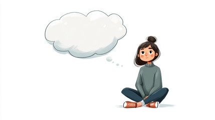 Fototapeta premium A young woman sits and thinks, with a thought bubble above her head, dreaming.
