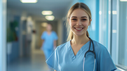Cheerful female doctor in blue scrubs smiling in clinic corridor representing trust care professionalism and modern healthcare services
