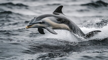 Obraz premium Leaping dolphin in waves. Black and white edit