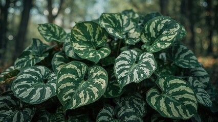 Fototapeta premium Lush foliage backdrop featuring Anthurium Renaissance Variegated with vibrant green hues representing natural plant life and leaf surroundings