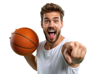 Excitement in the Game: A young man, exuding enthusiasm, holds a basketball and points forward, capturing the essence of sports and active lifestyle.