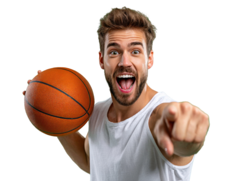 Excitement in the Game: A young man, exuding enthusiasm, holds a basketball and points forward, capturing the essence of sports and active lifestyle.