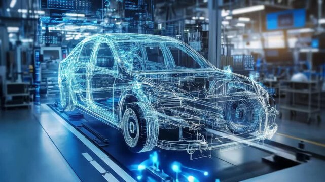 A sedan vehicle blueprint is depicted with illuminated lines on a platform inside an automotive factory. The technology suggests manufacturing and assembly of automobiles. The image signifies innovati