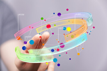 Abstract image of a hand interacting with a vibrant 3D data network. Perfect for technology,...