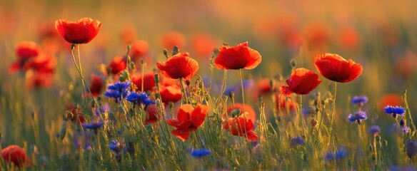 Obraz premium The vibrant field of red and blue flowers illuminated by golden sunlight