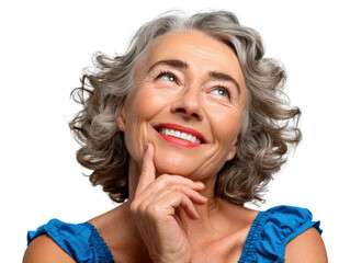 Serene Contemplation: A graceful senior woman with radiant smile, her gentle gaze directed upwards, in a moment of pensive reflection and optimism