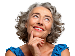 Serene Contemplation: A graceful senior woman with radiant smile, her gentle gaze directed upwards, in a moment of pensive reflection and optimism