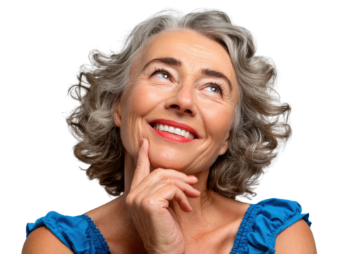 Serene Contemplation: A graceful senior woman with radiant smile, her gentle gaze directed upwards, in a moment of pensive reflection and optimism