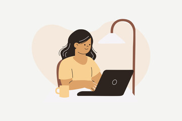 Young Woman Happily Working from Home on Laptop Illustration