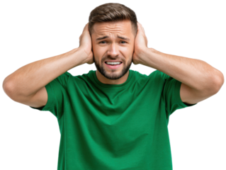 Frustration and Overload: A man, embodying modern stress, covers his ears with hands, conveying the weight of sensory overload and distress in a vivid display of emotional expression.