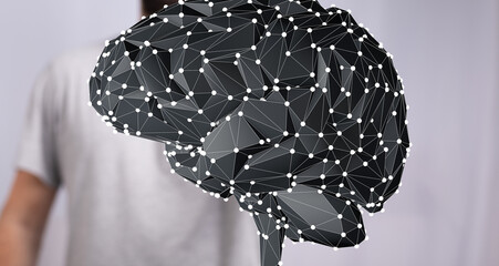 3D rendering of a brain with a polygonal design.  Concept for AI, neural networks, or human intelligence.