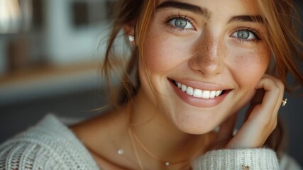 A close-up portrait of a smiling woman with freckles, showing her blue eyes and fair skin. She is wearing a white knitted sweater and gold jewelry. The background is softly blurred - Powered by Adobe