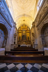 Fototapeta premium Ornate interior of Baeza Cathedral showing altar, pews and vaulted ceiling in Andalusia, Spain