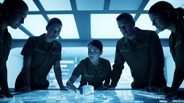 Focused Military Team Analyzes High Tech Data Display in Blue Lit Operations Center Discussing Strategy and Advanced Technology for National Defense