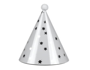 A festive conical party hat adorned with sparkling stars and a fluffy pom-pom stands ready for celebration.
