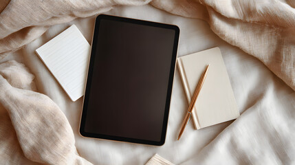 Elegant flatlay composition featuring a tablet, notebook, and pen arranged on beige cloth