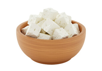 Isolated Fresh Feta Cheese Cubes in Rustic Wooden Bowl