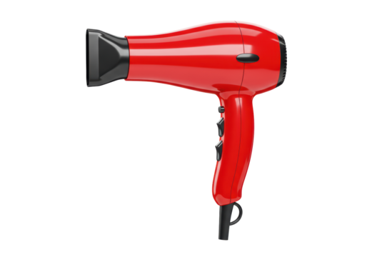 Isolated Bright Red Hair Dryer with Black Nozzle