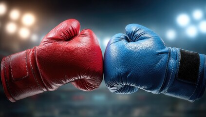 Red and blue boxing gloves poised to strike