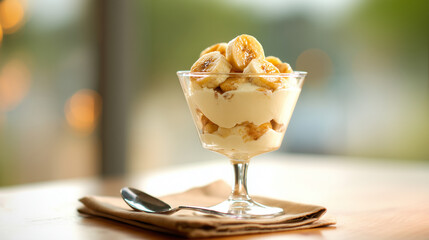 エレガントなデザートグラスに盛られたバナナプディング | 上品な盛り付け