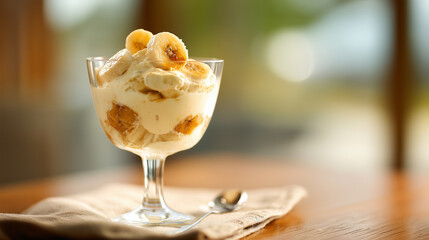 エレガントなデザートグラスに盛られたバナナプディング | 上品な盛り付け