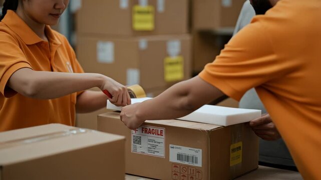 Warehouse Workers Packing Boxes in an Orange Uniform with Gray Details Preparing for Shipment with Protective Foam in a Cardboard Container