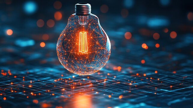 Luminous bulb, glowing filament in complex net