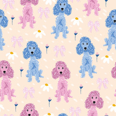Seamless vector pattern. Cute, charming background featuring pink and blue poodles with daisies, flowers, and bows.