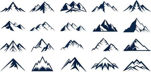 Naklejka premium Mountain Silhouette Vector Set,Minimalist Nature Illustrations,Set of vector mountain silhouette,vintage hill peak outline for forest logo,Mountain silhouette pattern,Abstract mountains black silhouet
