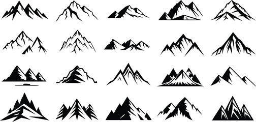 Fototapeta premium Mountain Silhouette Vector Set,Minimalist Nature Illustrations,Set of vector mountain silhouette,vintage hill peak outline for forest logo,Mountain silhouette pattern,Abstract mountains black silhouet