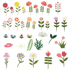 Set of floral illustrations with various colorful flowers drawn in a bright