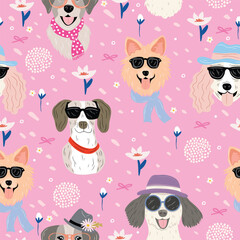 Seamless vector pattern. Cute, trendy background featuring dogs wearing sunglasses and scarves, surrounded by flowers and bows. Pastel colors and playful style perfect for kids, girls, and fun surface