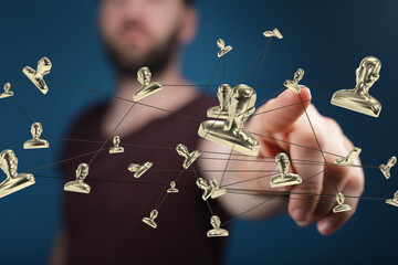 Boost your network!  Image depicts a hand interacting with a digital network of connections, ideal...