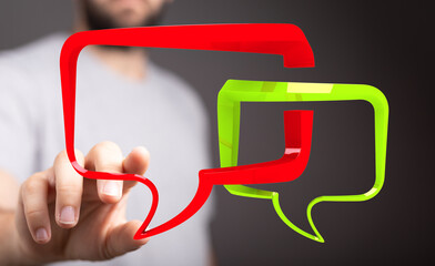 Abstract image of a person interacting with speech bubbles, representing online communication and...