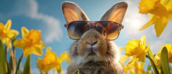 The Cool Rabbit Wearing Sunglasses Enjoys a Beautiful Spring Day Amidst Daffodils