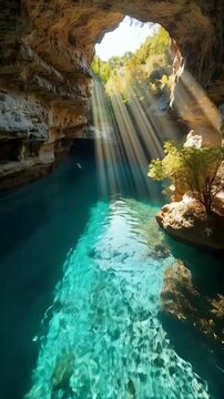 Sunbeams Illuminating Crystal Cave Pool with Turquoise Water