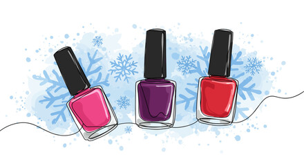 Three nail polish tubes in trendy colors on background with watercolor snowflakes on white, one line doodle drawing with watercolor fill, minimalistic vector illustration.