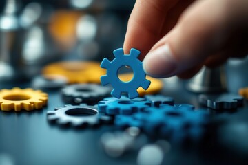 Hand Holding Blue Gear Among Other Colored Gears on Dark Background in Conceptual Image of Mechanical Engineering and Innovation Theme