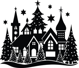 Fototapeta premium Winter Village Silhouette with Snow and Pine Trees. 