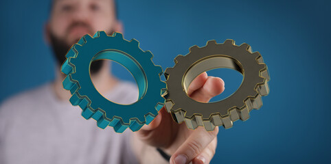 Image of two gears interlocking, symbolizing teamwork, collaboration, and business success.