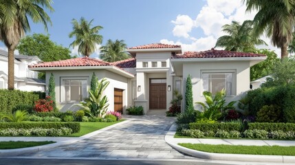 The elegant modern house surrounded by lush tropical landscaping.