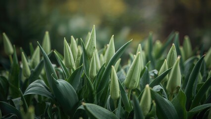 Obraz premium Macro shot of young tulip shoots in spring