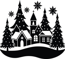 Winter Village Silhouette with Snow and Pine Trees. 