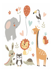 Naklejka premium Cute Cartoon Animals Collection in Pastel Colors – Nursery and Kids Illustration Set
