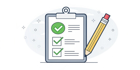 flat 2D vector illustration, a precise checklist with a green tick, pencil neatly aligned, clean lines, minimal design, white background, circle badge style