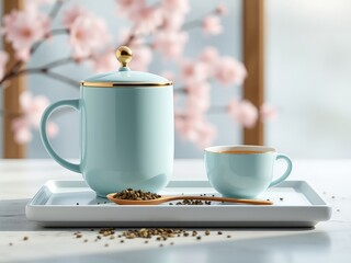 Fototapeta premium Elegant aqua tea set with gold accents presented on a white tray in a bright, naturally lit room